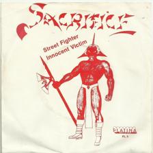 Tumnagel för auktion "Sacrifice - Street Fighter. Svårfunnen singel från 1985. Lyssna!!!"