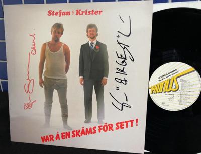 Tumnagel för auktion "SIGNERAD STEFAN & KRISTER Var Å En Skäms För Sett RARE LP 1988 HUMOR AUTIGRAF"