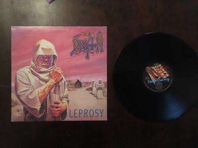 Tumnagel för auktion "Death ”Leprosy” LP. UK-press,1988."