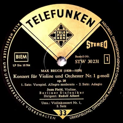 Tumnagel för auktion "Telefunken STW 30 231 German Ed.1 / Bruch Violinkonzert Nr. 1 / Joan Field"