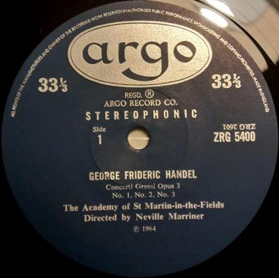 Tumnagel för auktion "Argo ZRG 5400 UK / Handel var. Concerti / Marriner"