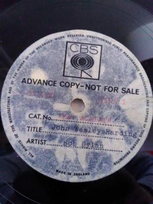 Tumnagel för auktion "Bob Dylan, John Wesley Harding. Test acetate, advance copy - not for sale, CBS"