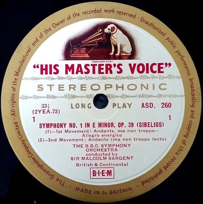 Tumnagel för auktion "HMV ASD 260 G/C UK ER.1 / Sibelius No. 1 in E minor / Sargent BBC*"