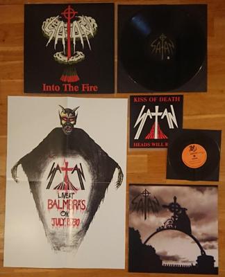 Tumnagel för auktion "Satan "Into The Fire / Kiss Of Death" LP+7" (NWOBHM, heavy metal, mercyful fate)"