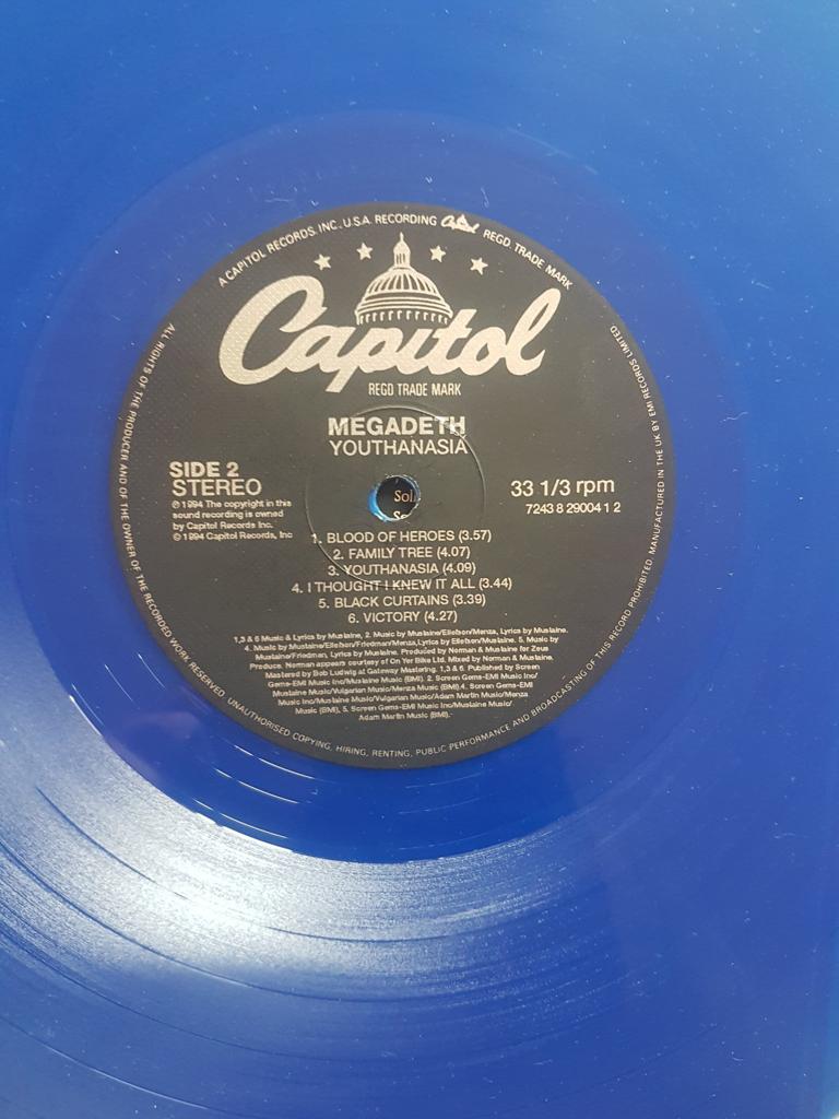 MEGADETH - YOUTHANASIA ( RARE ON BLUE VINYL ) ORIGINAL PRESS 1994