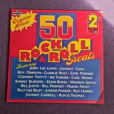 Tumnagel för auktion "50 Rock &Roll Greats, orginal artists, Vinyl dubbel LP"